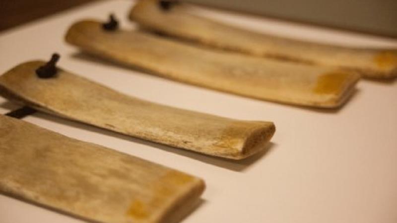 flat bones tied together with cording