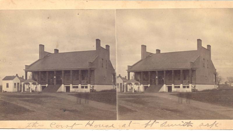 Stereocard showing federal courthouse at Fort Smith. (before 1888)