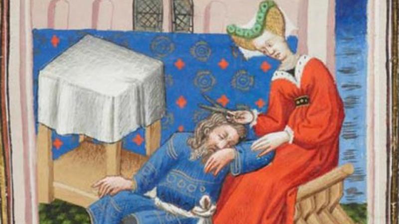 Color illustration: Lady in red cuts a lock of Samson's hair while he sleeps