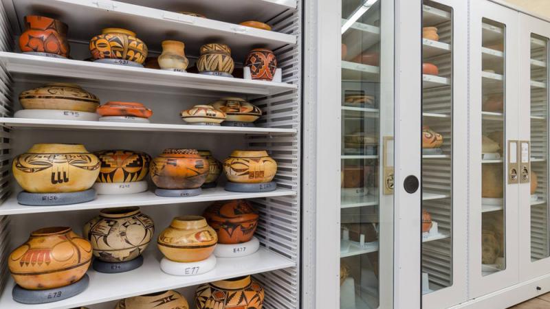 Hopi ceramics in visible storage cabinets