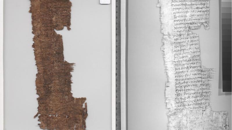 Compare the legibility of the fragment, photographed with standard photography (on the left) and with multi-spectral imaging (on the right).