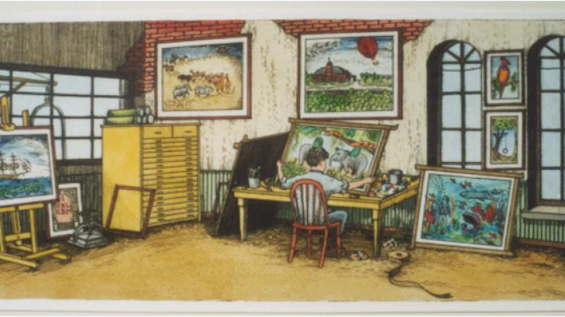 drawing of a man sitting down holding a painting, another man nails something to wall