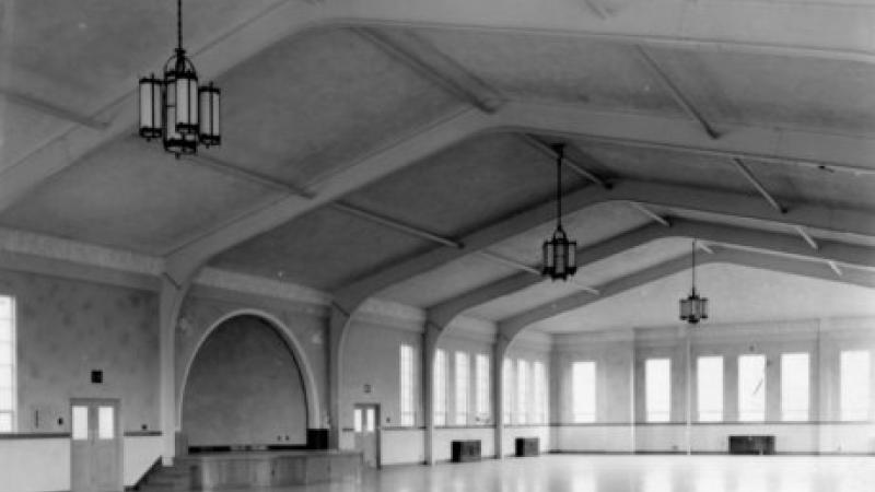 black and white photo of a ballroom