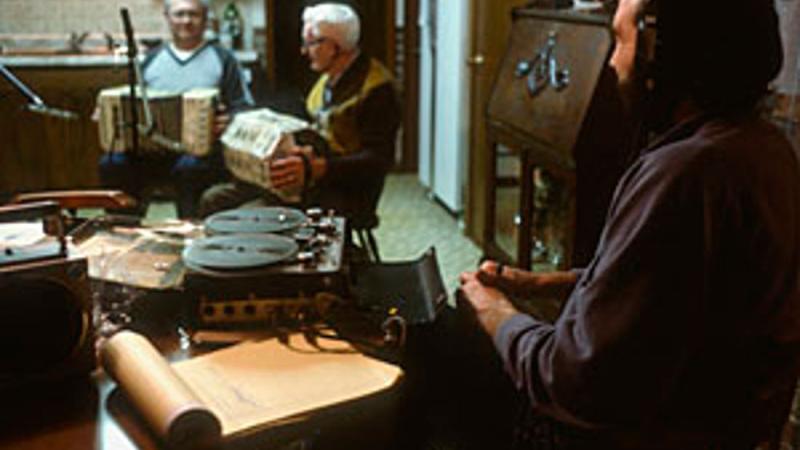 Irving and Robert DeWitz play concertina as Jim Leary records, 1985, Wisconsin.