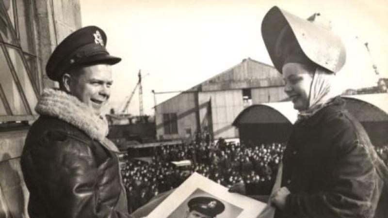 Major Bong at Globe Shipyards with Welderette, 1943.