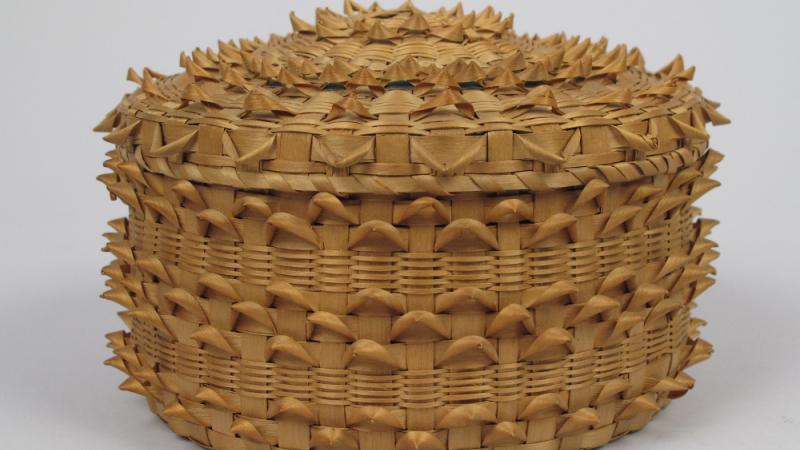 Fancy “porcupine weave” ash basket, by Molly Molasses, Penobscot, ca. 1862. Mary Cabot Wheelwright Collection.