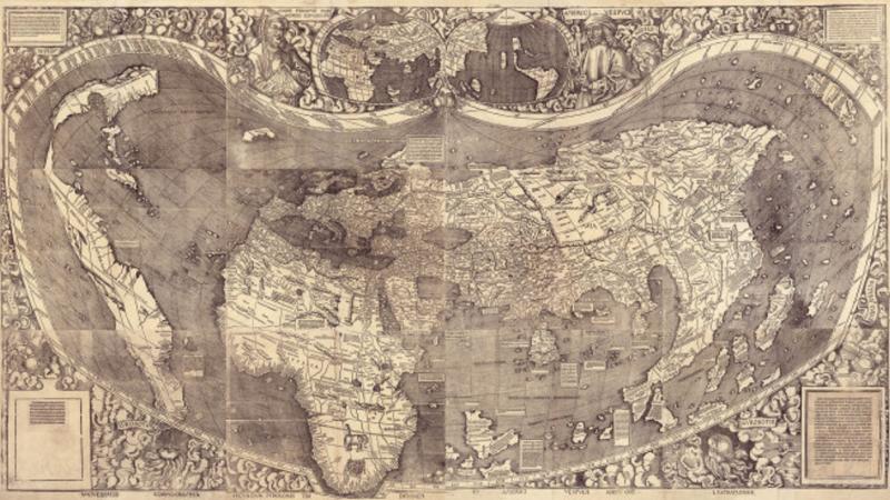 World map of Martin Waldseemuller,1507, influenced by Martellus’ map and the first document to name “America”