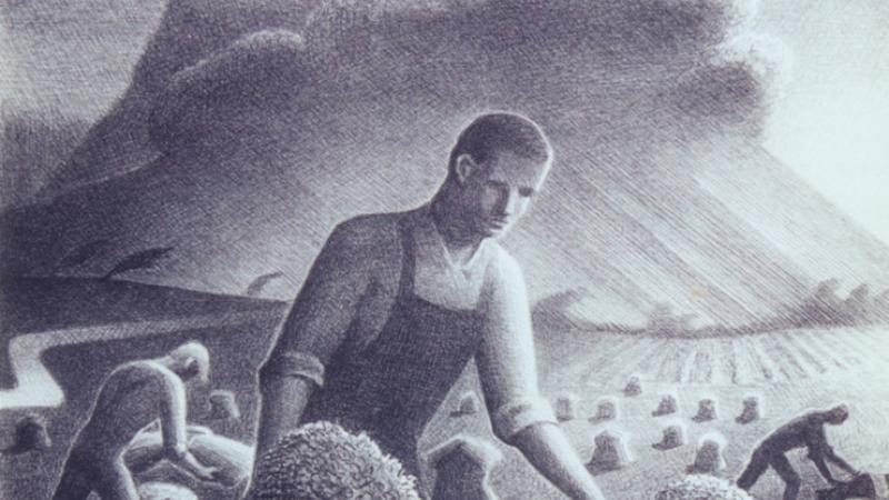painting of a man harvesting wheat
