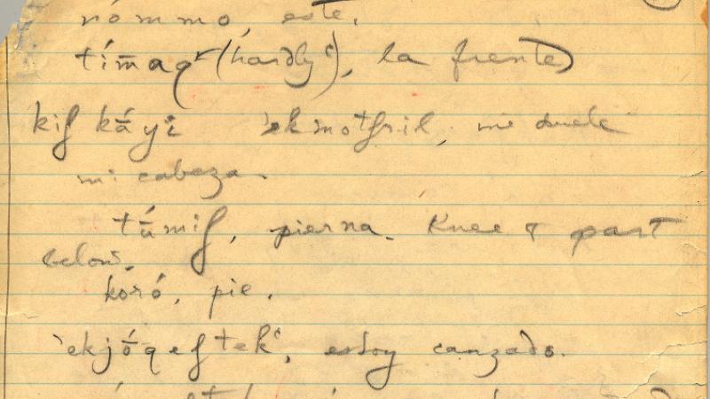 Page from one of J.P. Harrington’s field notebooks documenting Chochenyo.