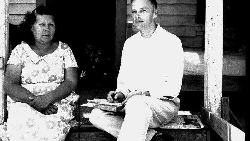Essie Parrish and Robert Oswalt working to document Kashaya Pomo, 1960.