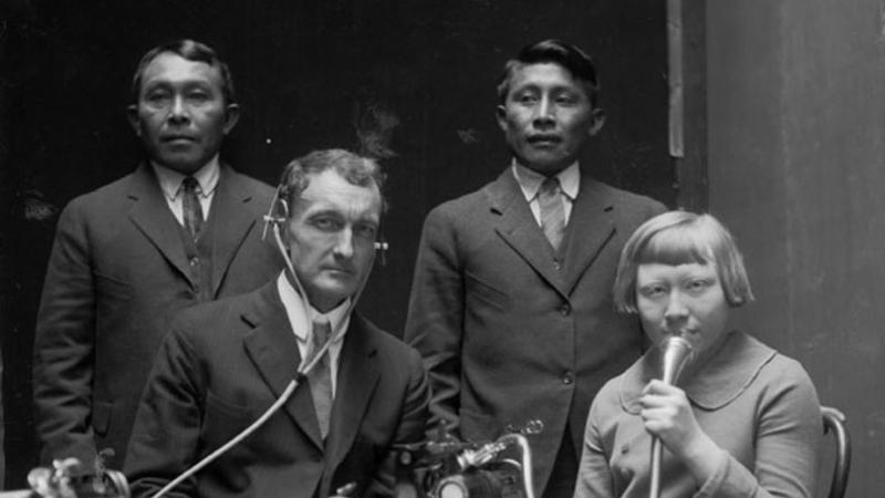 J. P. Harrington and Tule Indians pictured with language recording equipment.