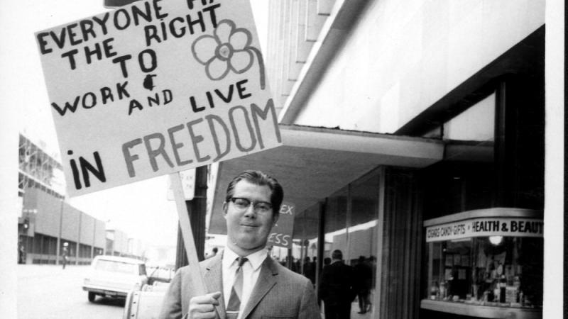 Demonstrator outside the State Steamship Lines