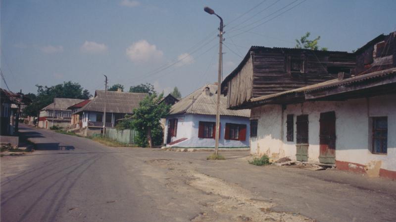 A view down Karl Marx Street from the main square of Sharhorod, Ukraine, 2002.