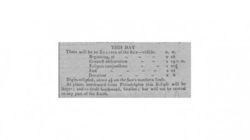 "This Day There Will Be An Eclipse of the Sun Visible." Gazette of the United-States (New York, New York)