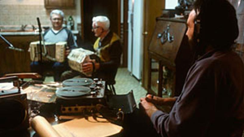 Irving and Robert DeWitz play concertina as Jim Leary records, 1985, Wisconsin.