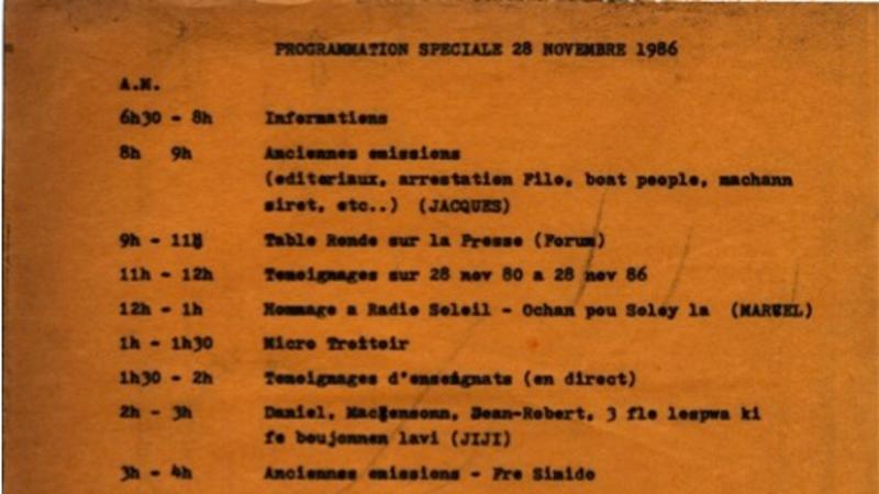 Radio Haiti's programming from November 28, 1986.