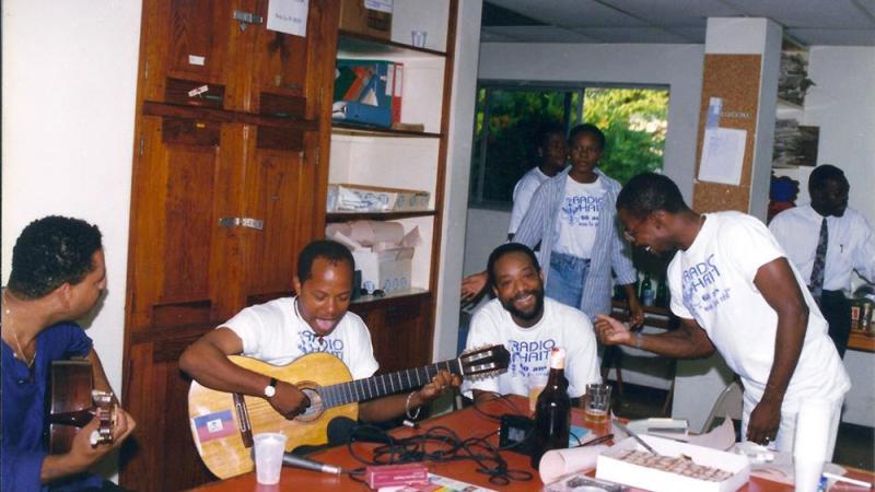 Relaxing in the newsroom on Radio Haiti’s sixtieth anniversary, 1995.