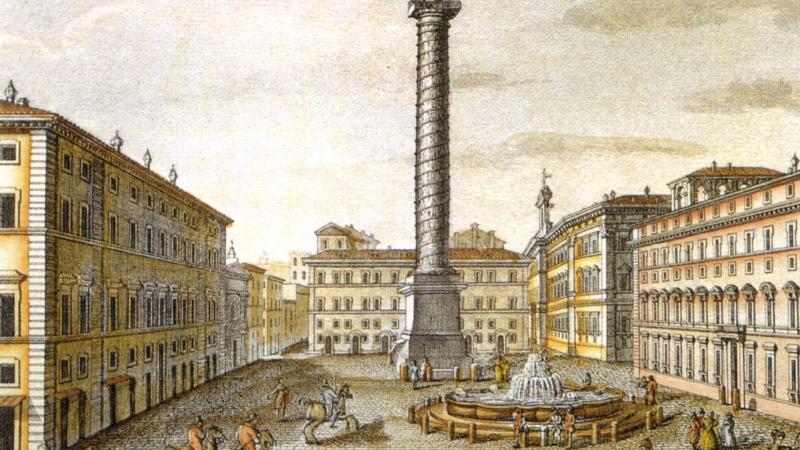 19th-century print of the fountain in the Piazza Colonna