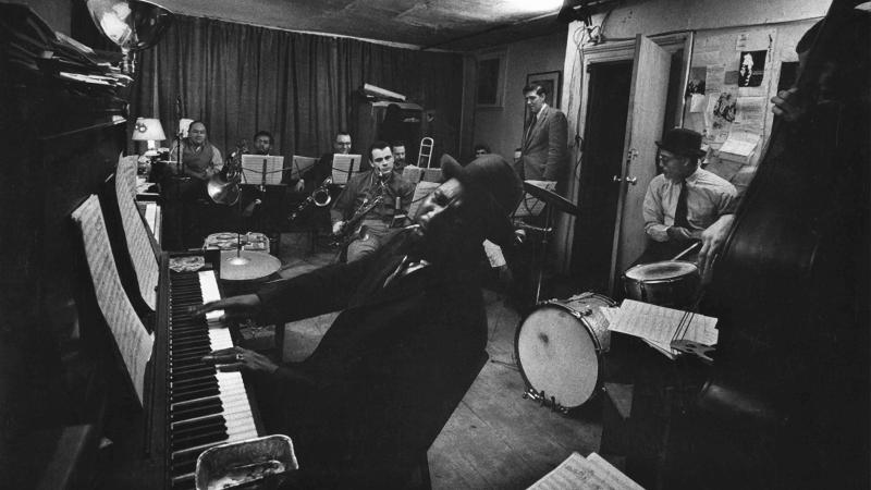 Theolonius Monk's ten-man band rehearses at the Jazz Loft.