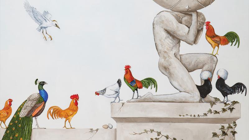 art show sculpture of atlas balancing the globe with various animals around and on top