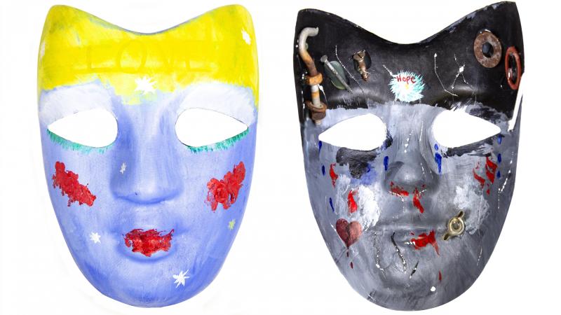 left colorful outside and dark inside of painted mask