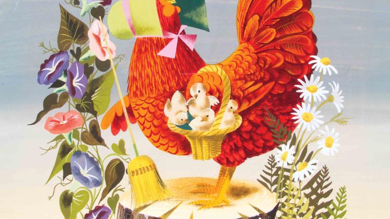 Illustration of a hen dressed up in a hat