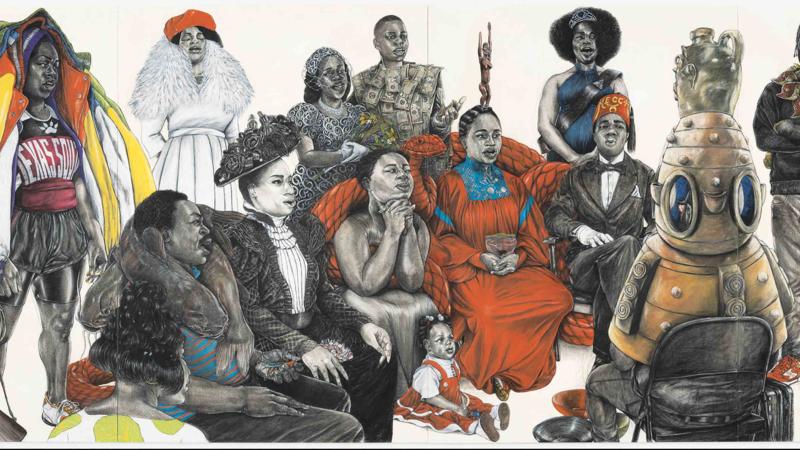 A painting of a crowd representing the Great Migration