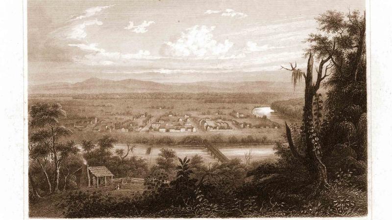 a sepia landscape drawing of Kaskaskia