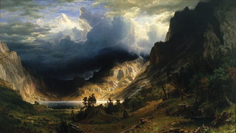 Painting of valley and ominous clouds by Albert Bierstadt