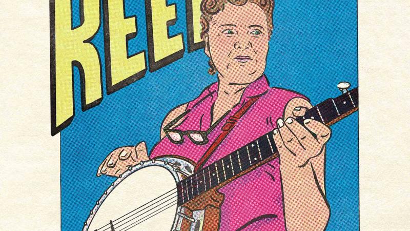 superhero cartoon of woman playing a banjo