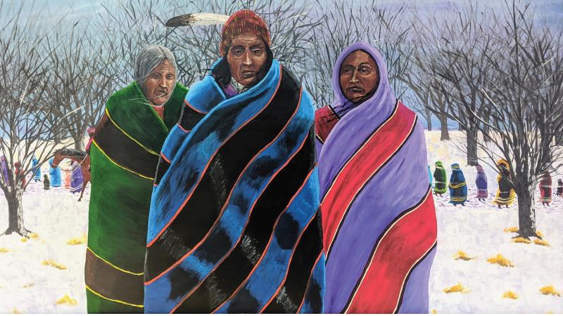 3 Native Americans wrapped in blankets standing in front of procession of travelers walking the Trail of Tears.
