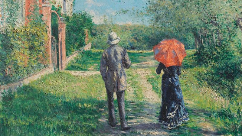 A painting of a couple strolling along a grassy path