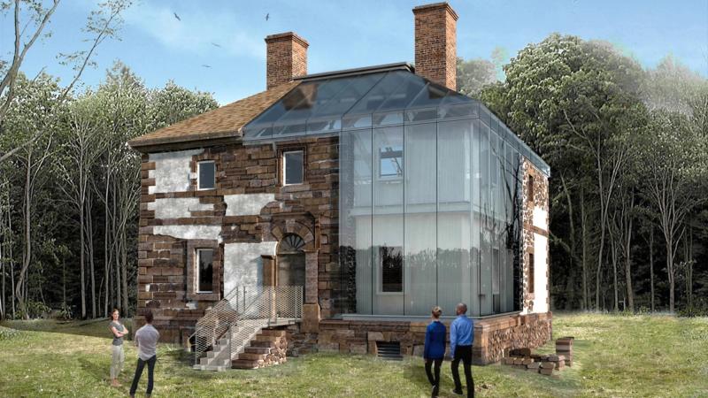 Artist rendering of the Menokin Glass House Project. It shows the original building along with glass walls to enclose it.
