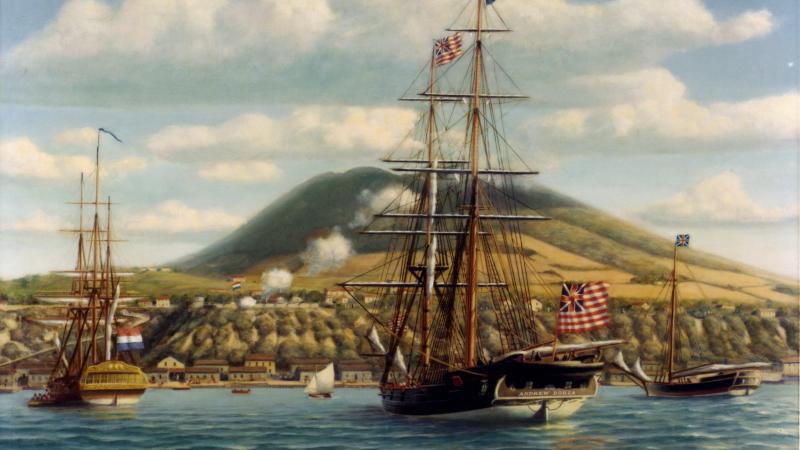 First official salute to the American flag on board an American warship in a foreign port, 16 November 1776. Painting by Phillips Melville, depicting Continental Brig Andrew Doria receiving a salute from the Dutch fort at St. Eustatius, West Indies, 16 November 1776.