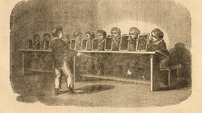 Vintage drawing of young school children