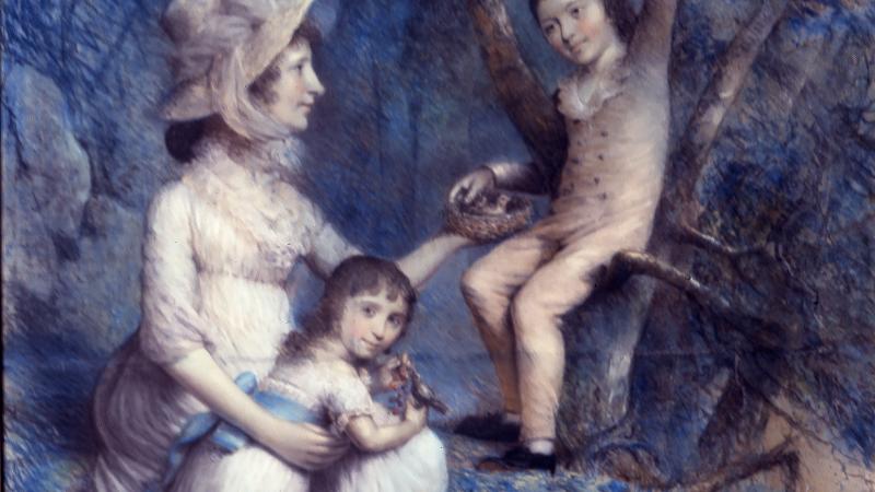 Painting of Sarah Jay and her two children. One is held by Sarah with one arm, and the other is sitting in a tree touching a bird's nest that Sarah is holding in her opposing arm.