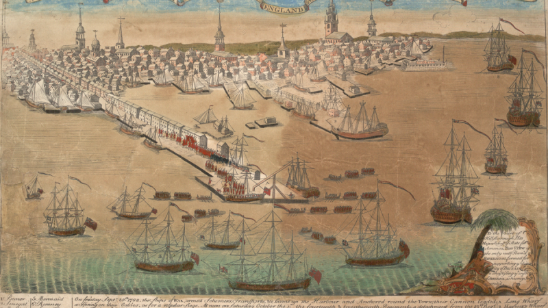 Painting depicting the British fleet arriving in Boston Harbor in 1768.