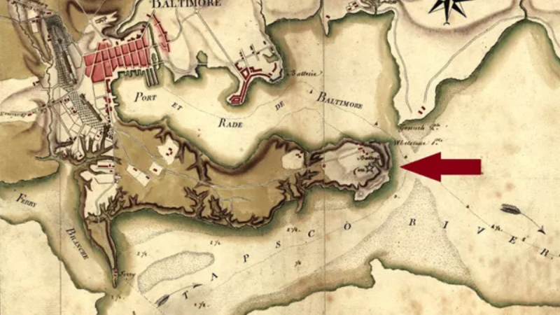Map of Fort McHenry circa 1792. Arrow indicates the location of Whetstone Point at the mouth of Baltimore Harbor.