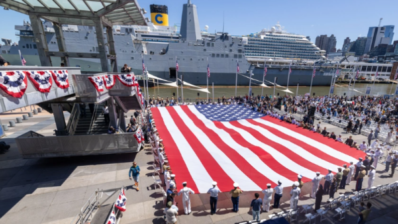 Flag ceremony at Memorial Day event at the USS Intrepid Museum