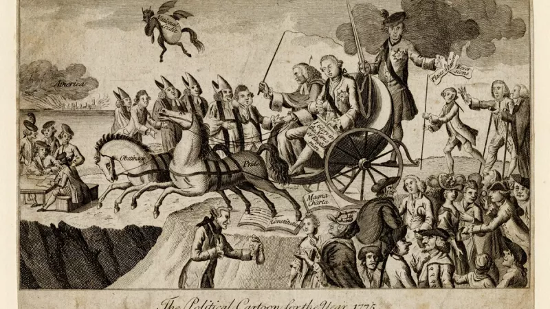 Political cartoon showing a rift between British Loyalists and American Colonists from 1775.