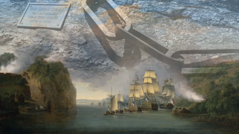 Depiction of naval ships sailing along the Hudson River and the Great Chain used to deflect their advances.